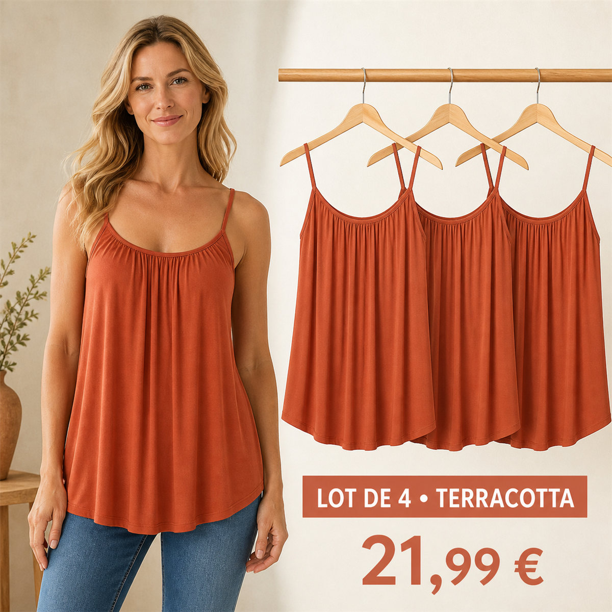 Offre en lot - Caraco fluide femme à fines bretelles et encolure froncée