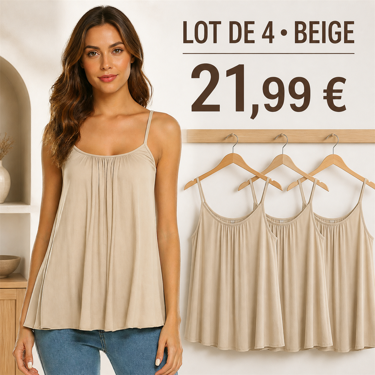 Offre en lot - Caraco fluide femme à fines bretelles et encolure froncée