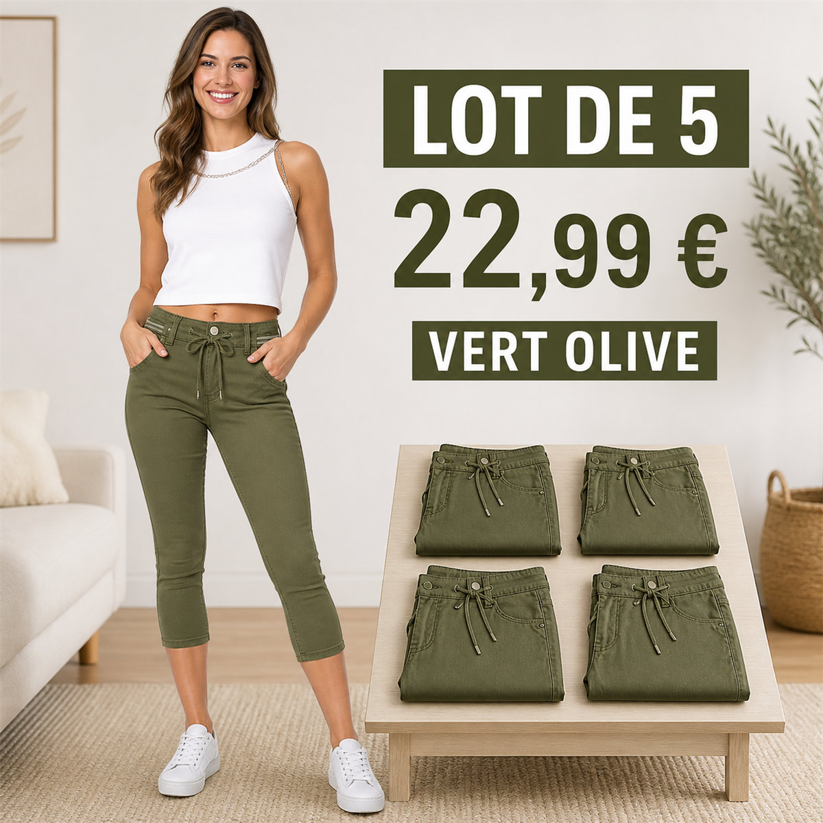 Offre en lot - Pantacourt en jean ajusté femme à taille coulissée