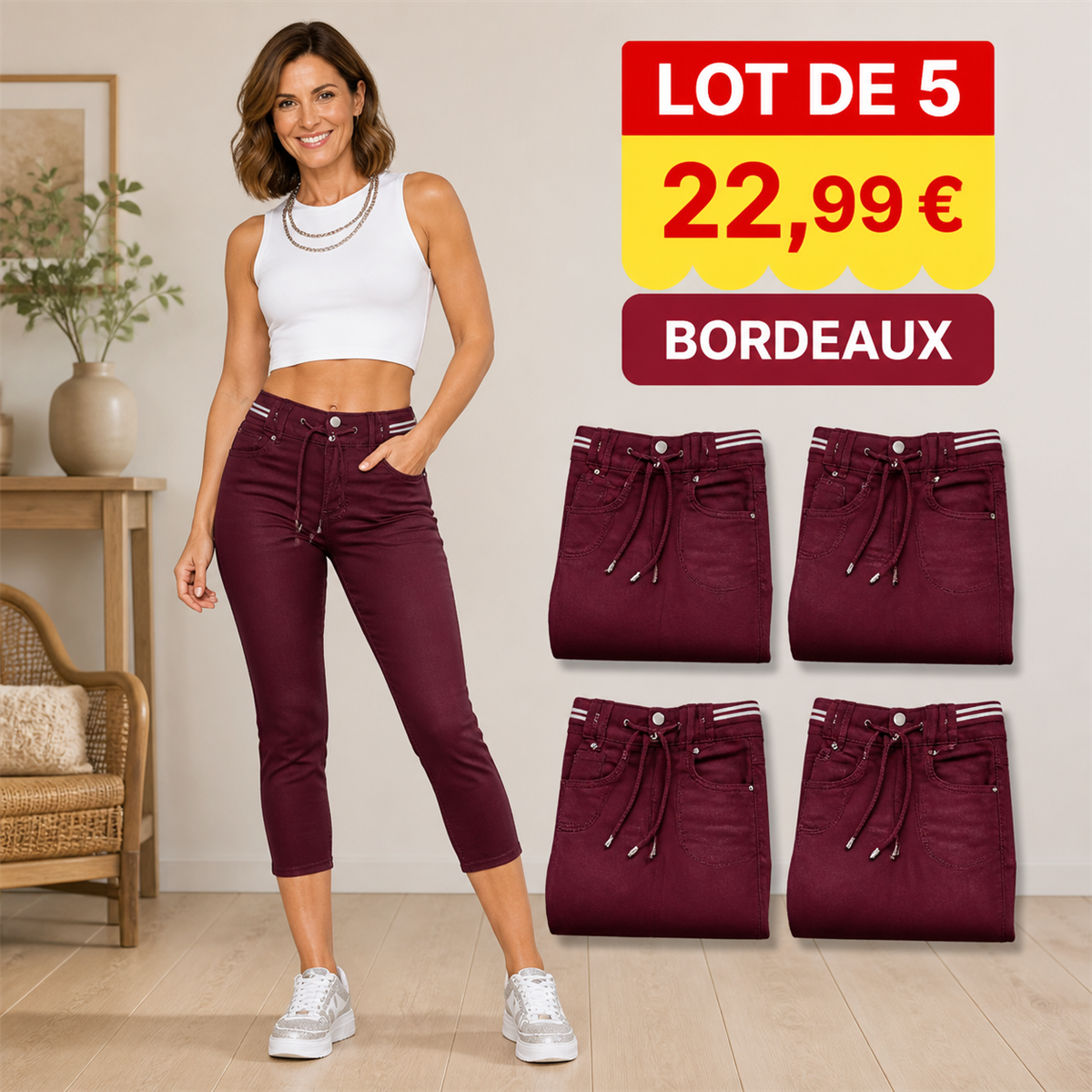 Offre en lot - Pantacourt en jean ajusté femme à taille coulissée