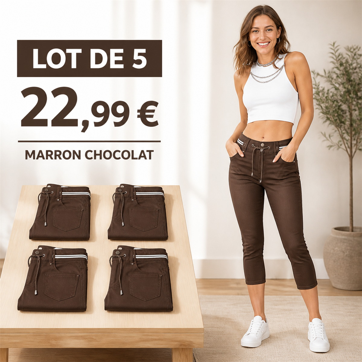 Offre en lot - Pantacourt en jean ajusté femme à taille coulissée