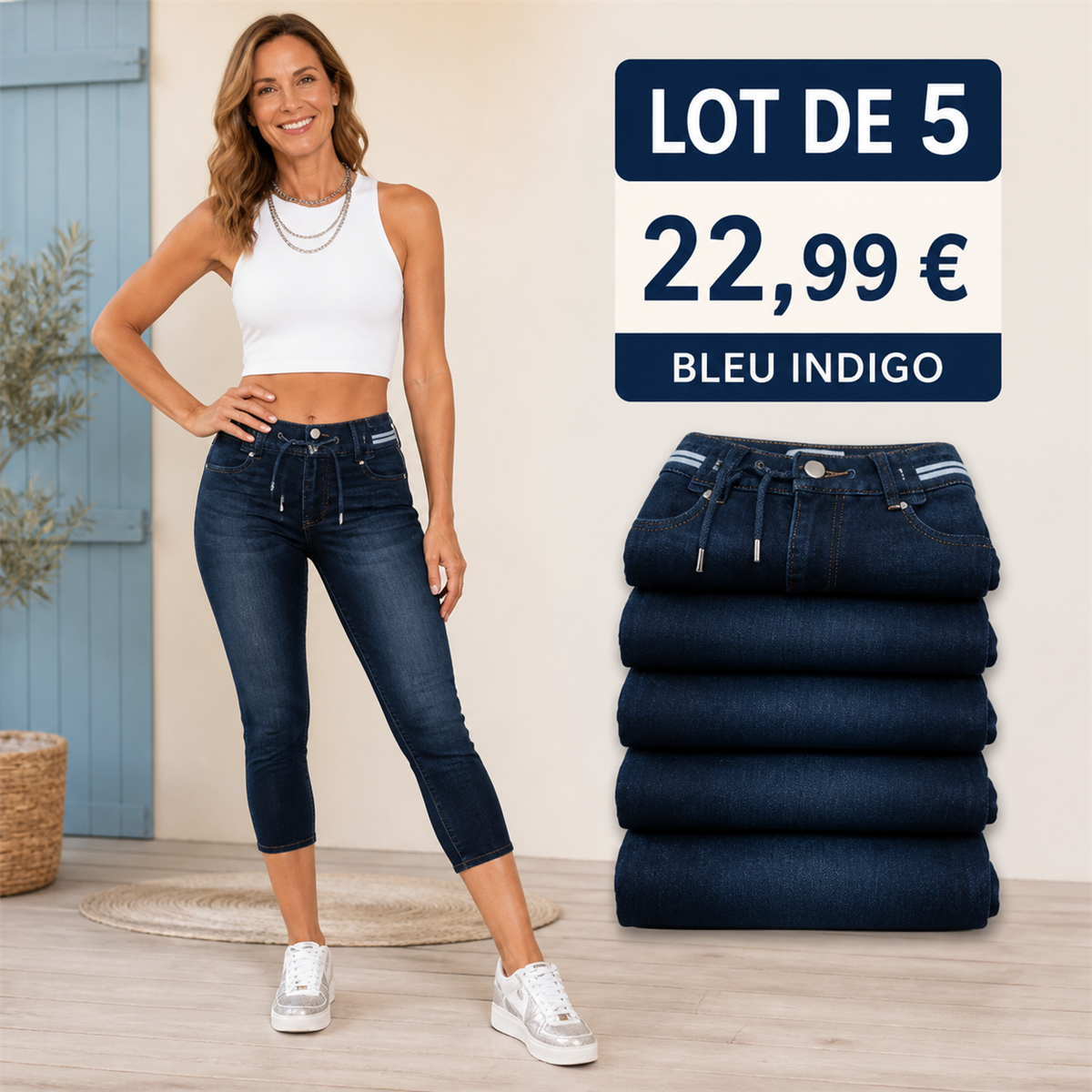 Offre en lot - Pantacourt en jean ajusté femme à taille coulissée