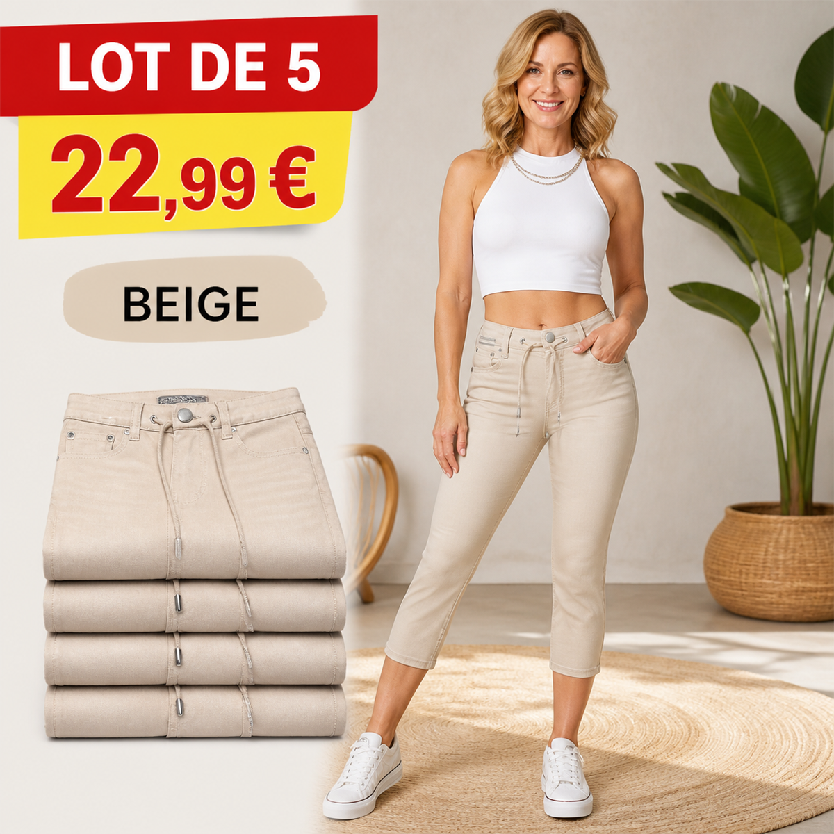 Offre en lot - Pantacourt en jean ajusté femme à taille coulissée
