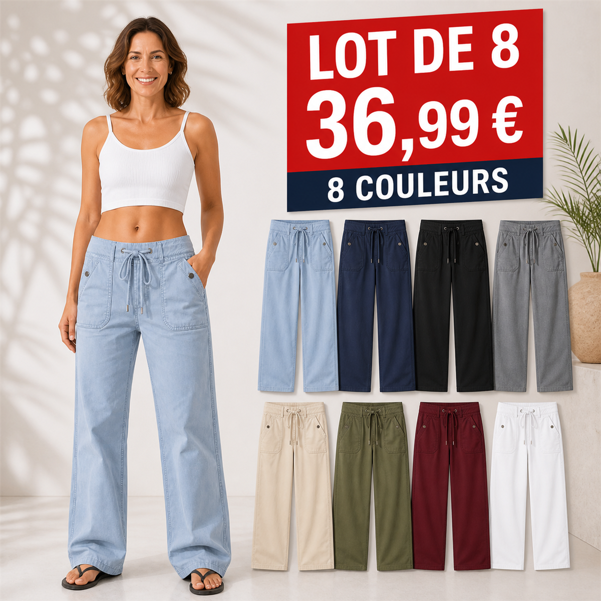 Offre en lot - Jean large femme à taille coulissée et grandes poches plaquées