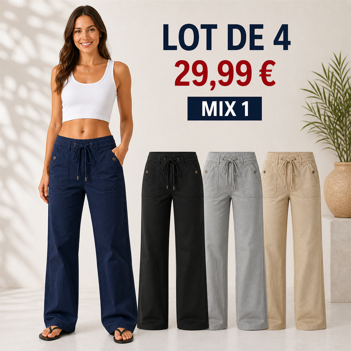 Offre en lot - Jean large femme à taille coulissée et grandes poches plaquées