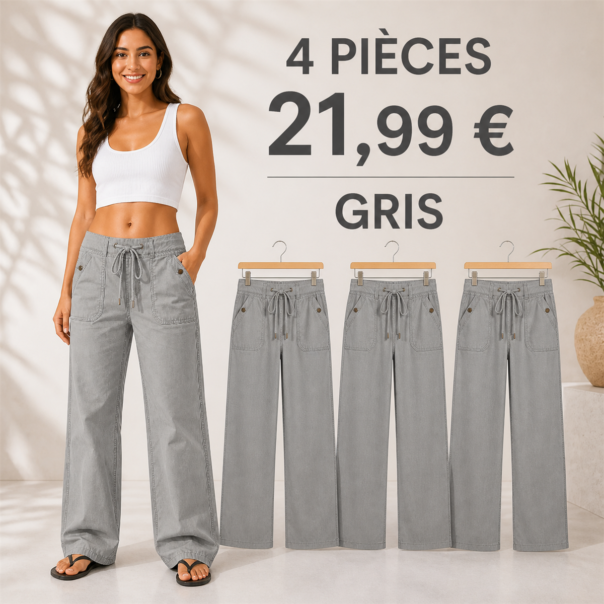 Offre en lot - Jean large femme à taille coulissée et grandes poches plaquées