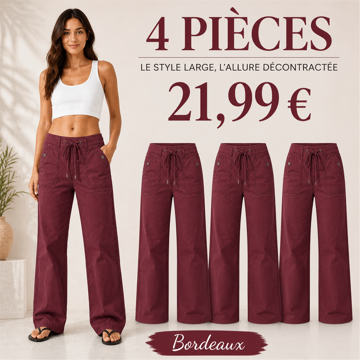Offre en lot - Jean large femme à taille coulissée et grandes poches plaquées
