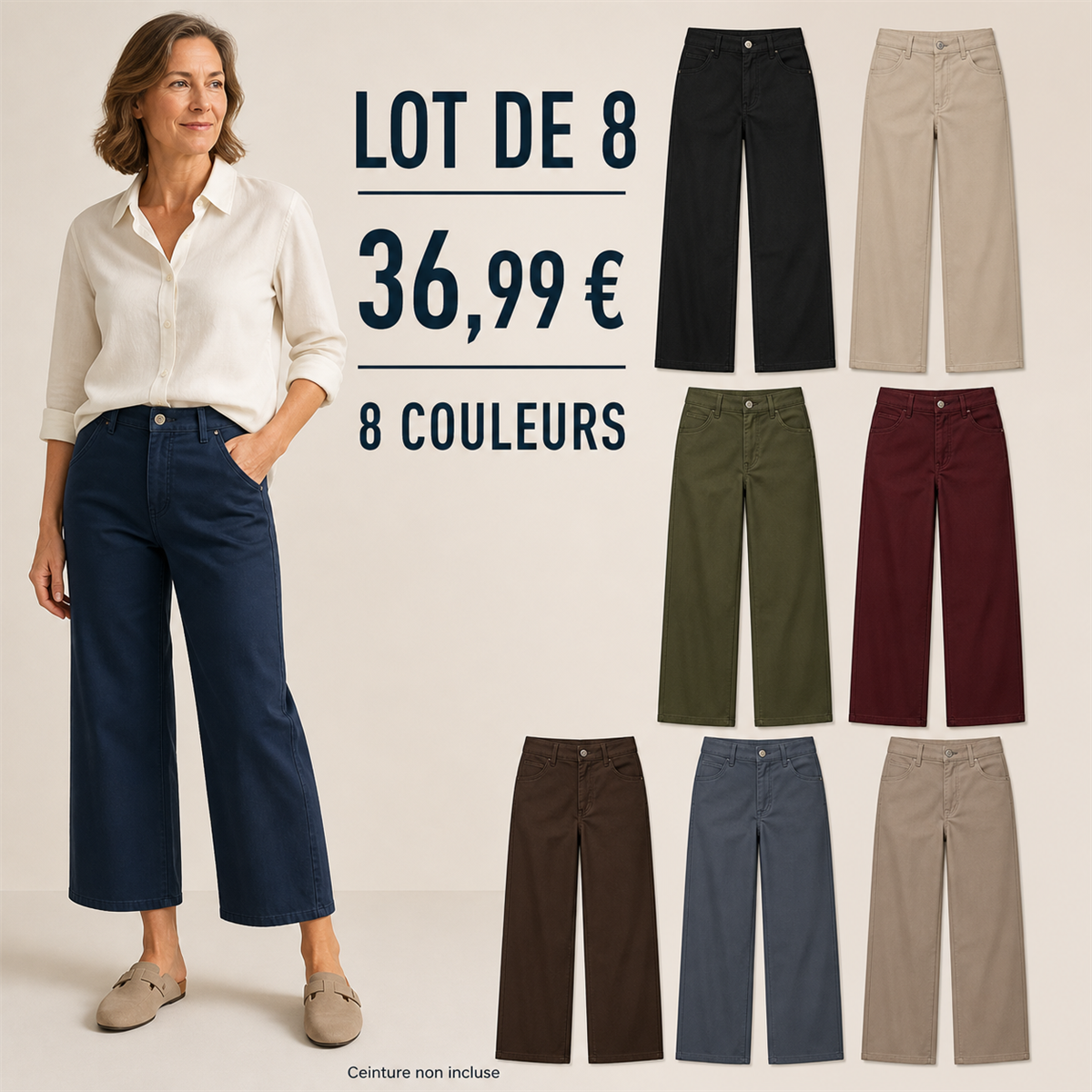 Offre en lot - Pantalon court large femme 脿 taille boutonn茅e