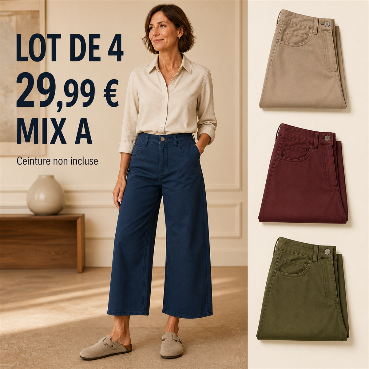 Offre en lot - Pantalon court large femme 脿 taille boutonn茅e