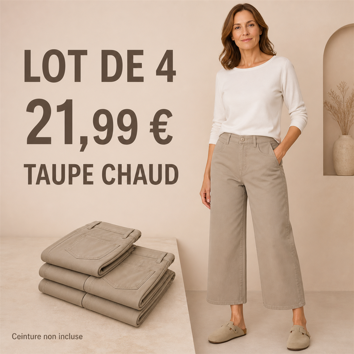Offre en lot - Pantalon court large femme 脿 taille boutonn茅e