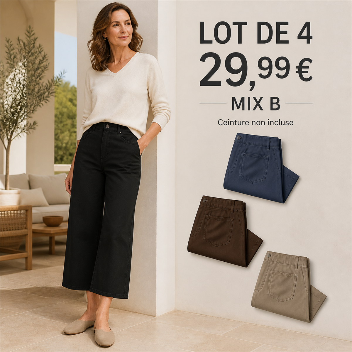 Offre en lot - Pantalon court large femme 脿 taille boutonn茅e