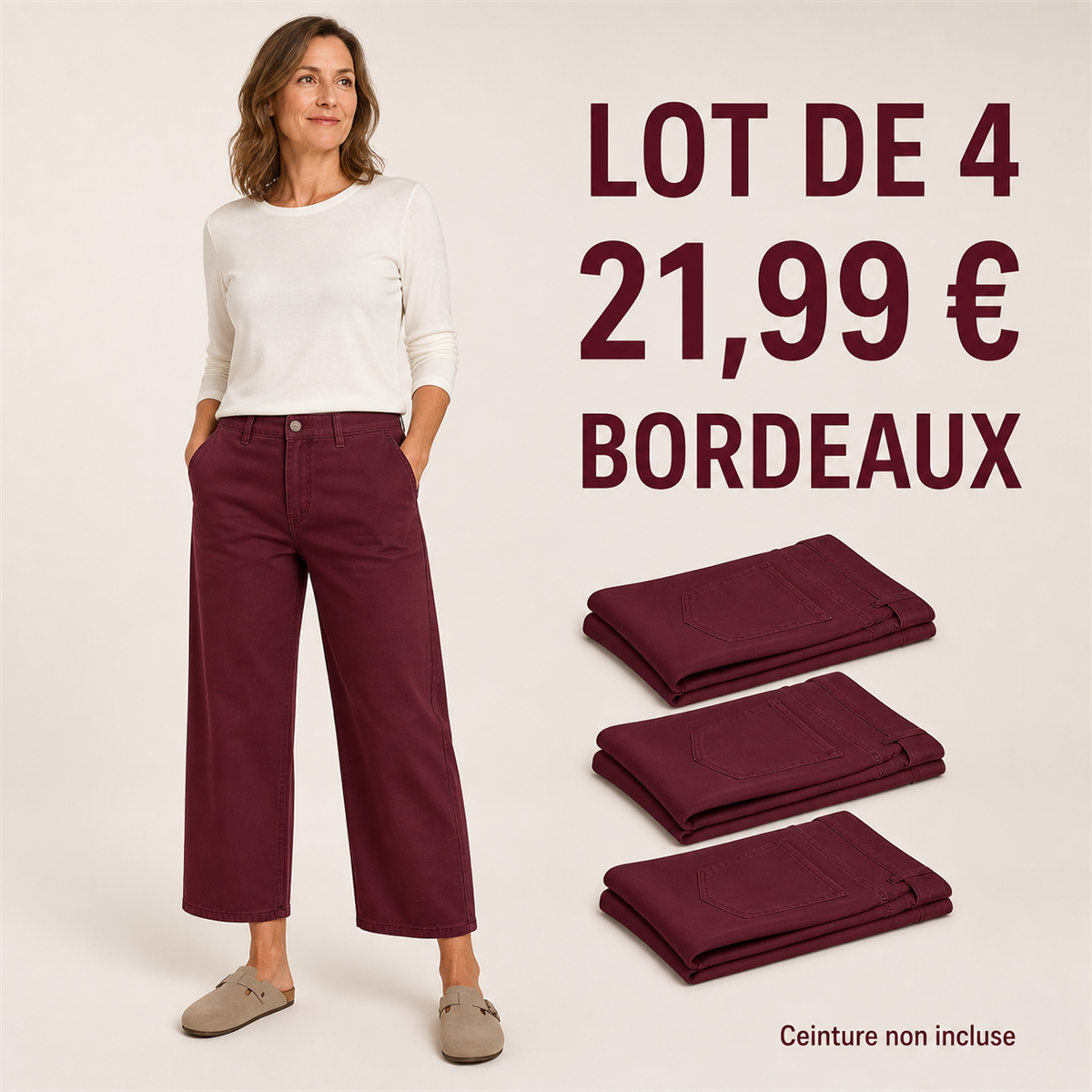 Offre en lot - Pantalon court large femme 脿 taille boutonn茅e