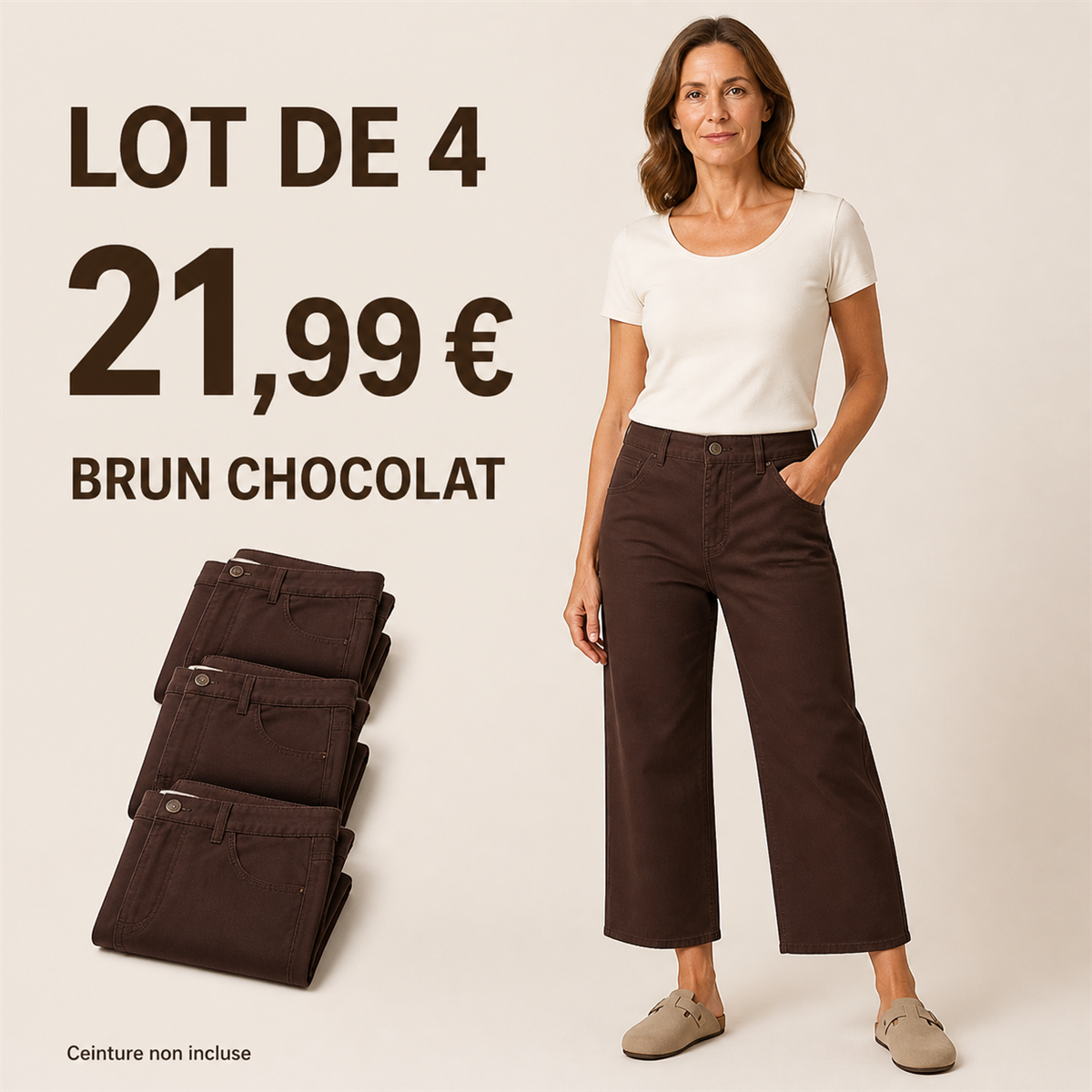 Offre en lot - Pantalon court large femme 脿 taille boutonn茅e