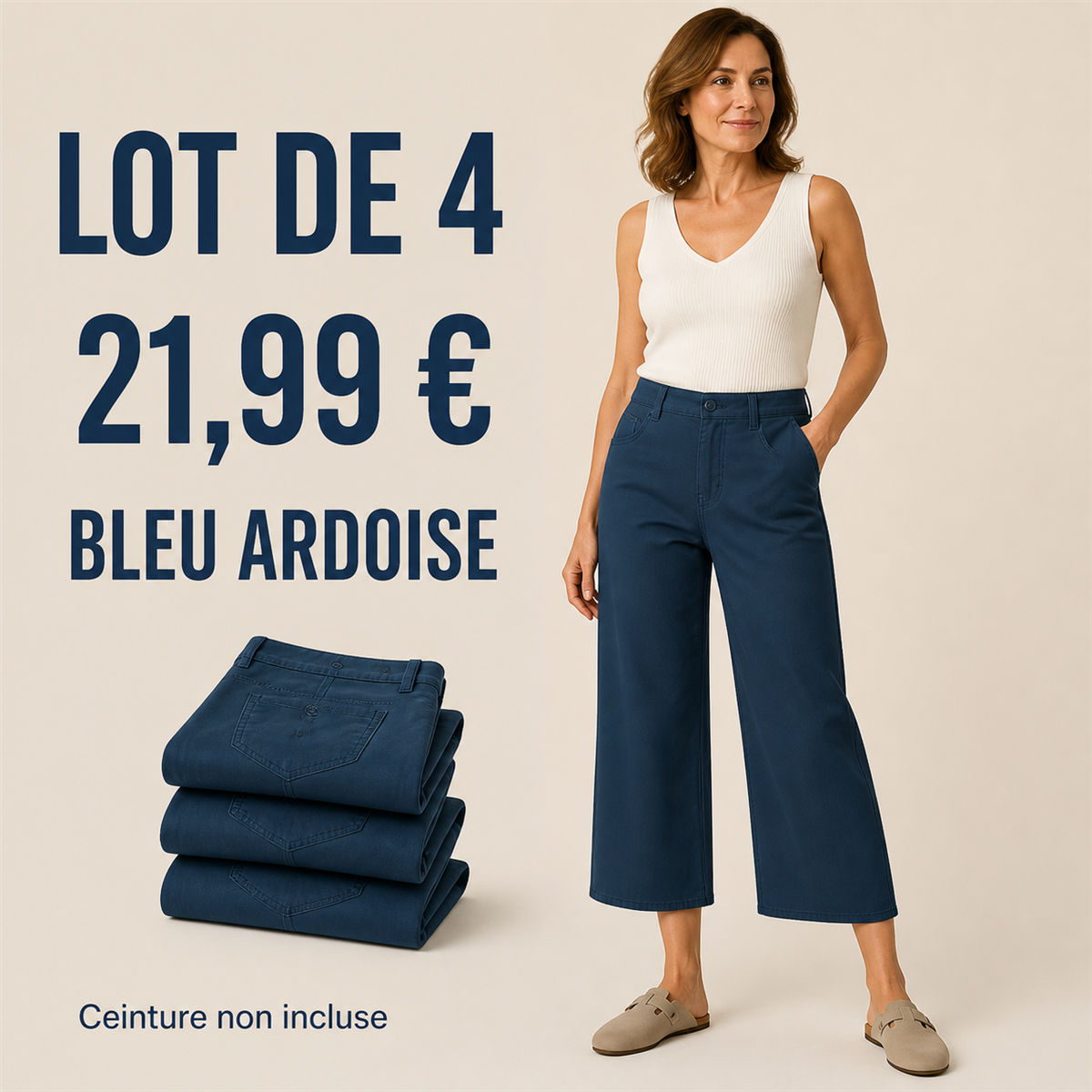 Offre en lot - Pantalon court large femme 脿 taille boutonn茅e