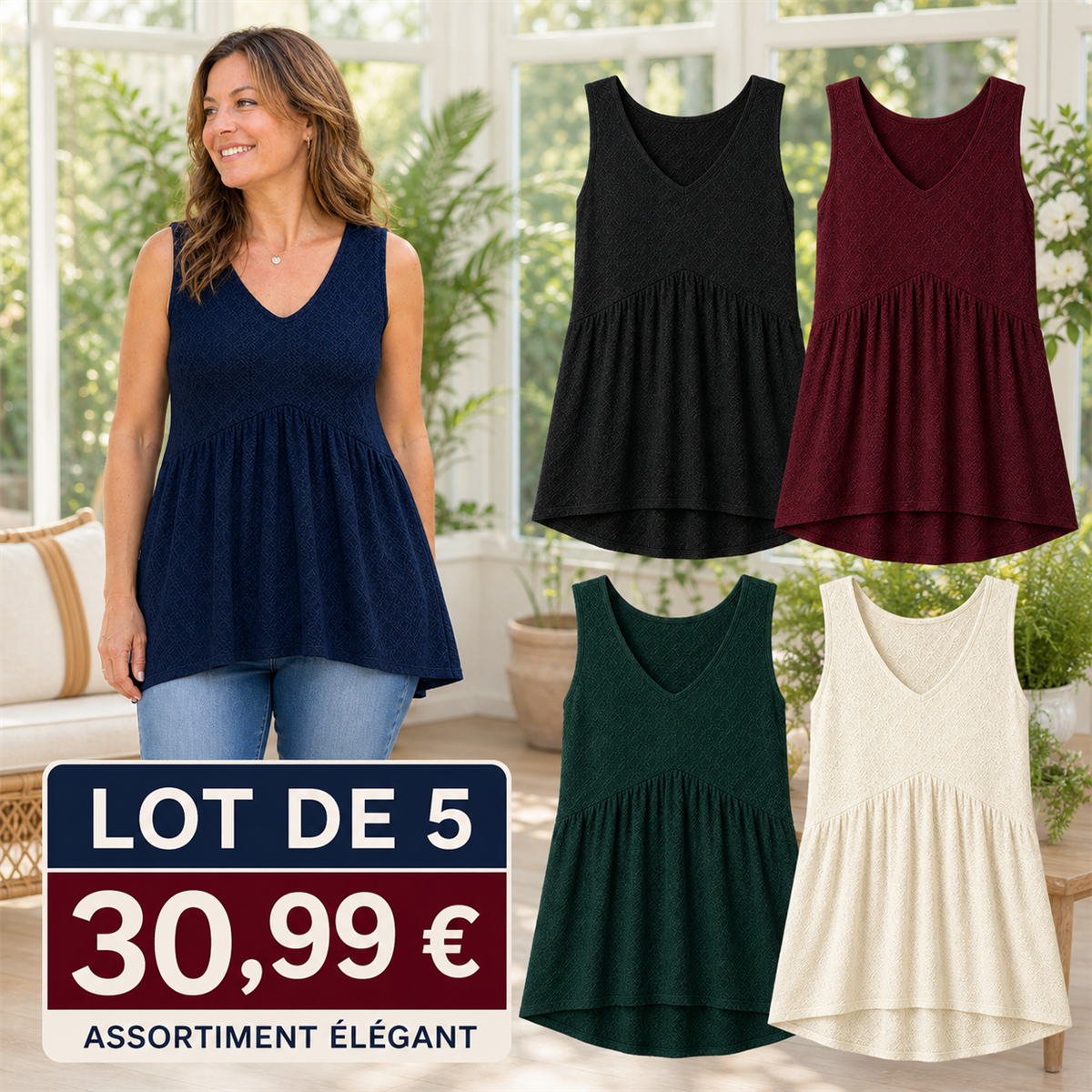 Offre en lot - Top sans manches femme 脿 col V et bas 茅vas茅 textur茅