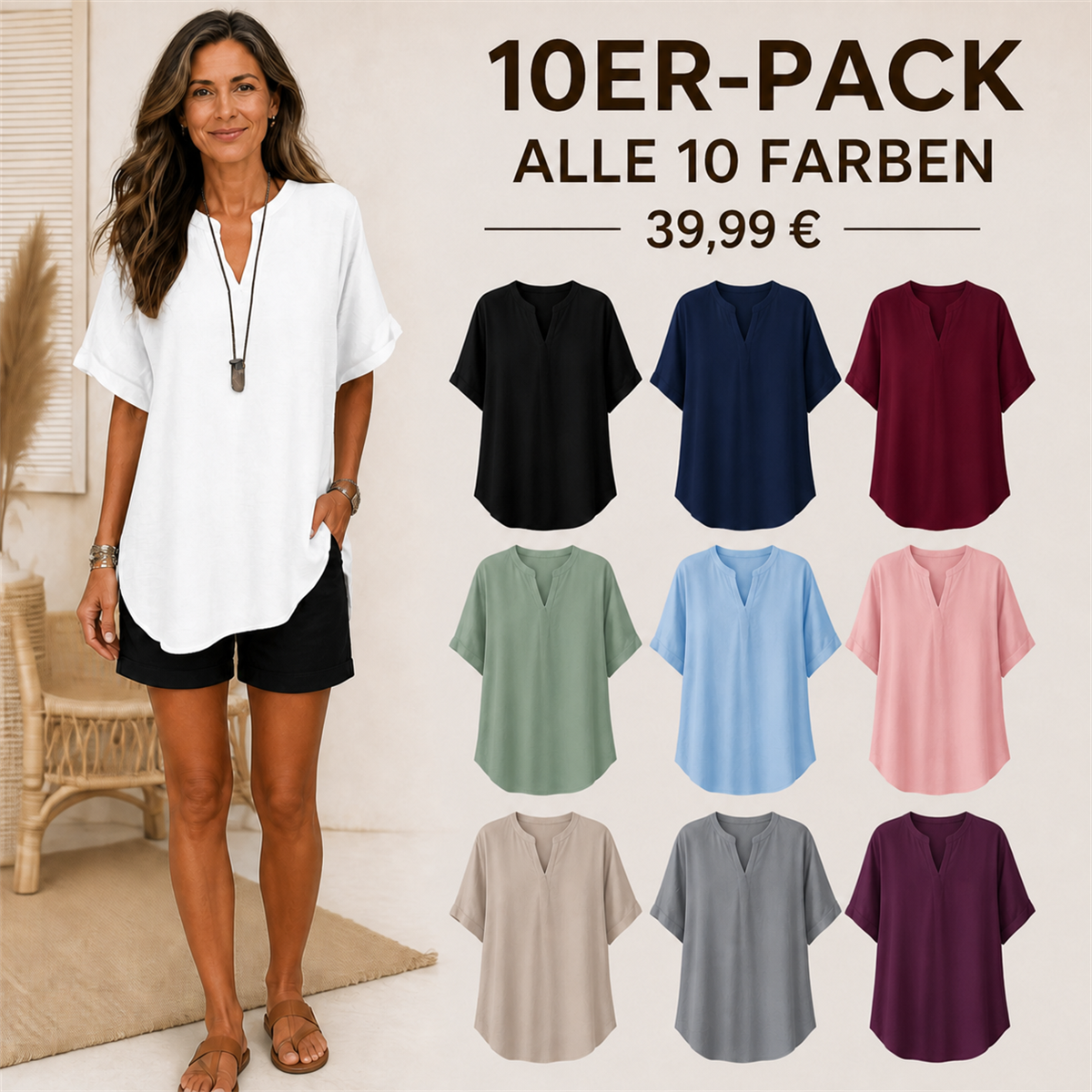 10er-Pack lockere Damenoberteile in allen Farben