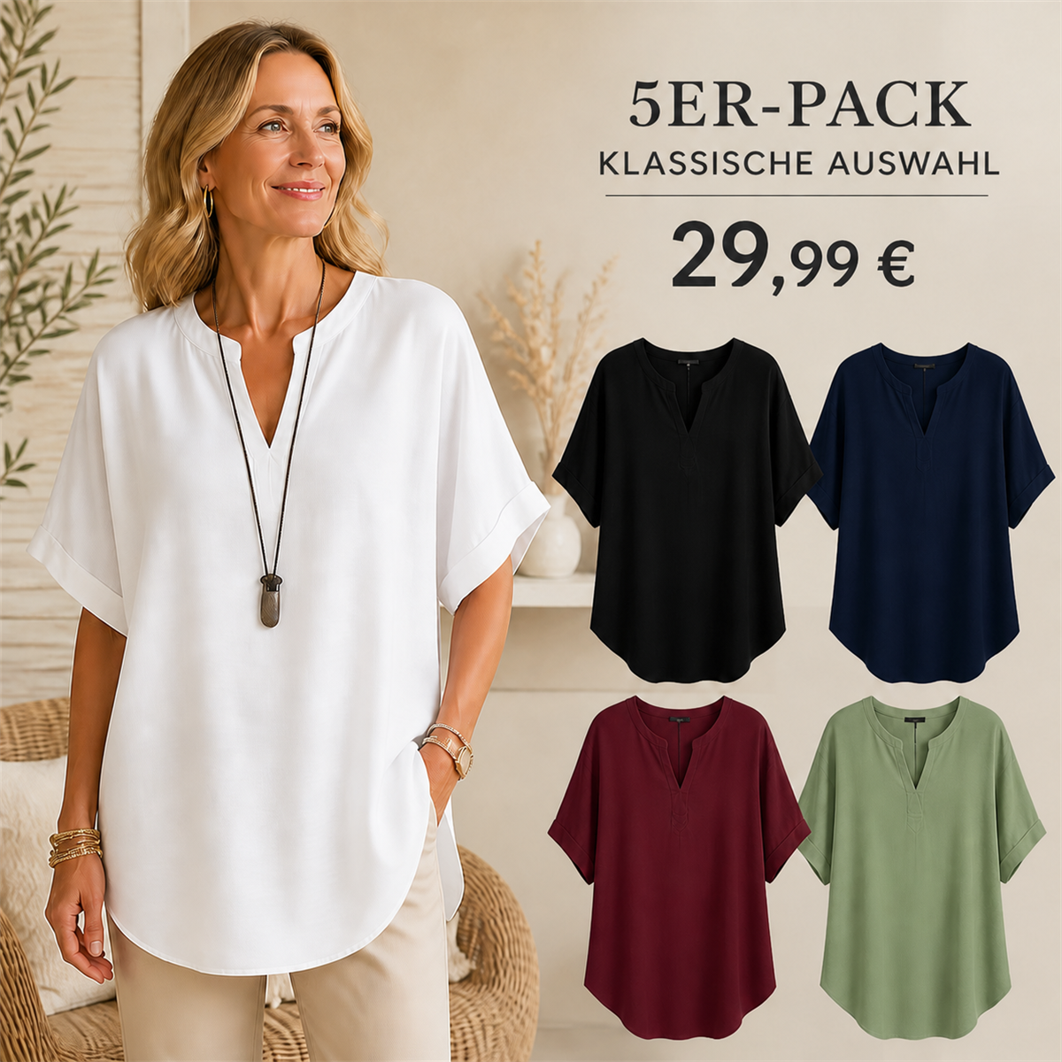 5er-Pack Damenoberteile in klassischen Farben