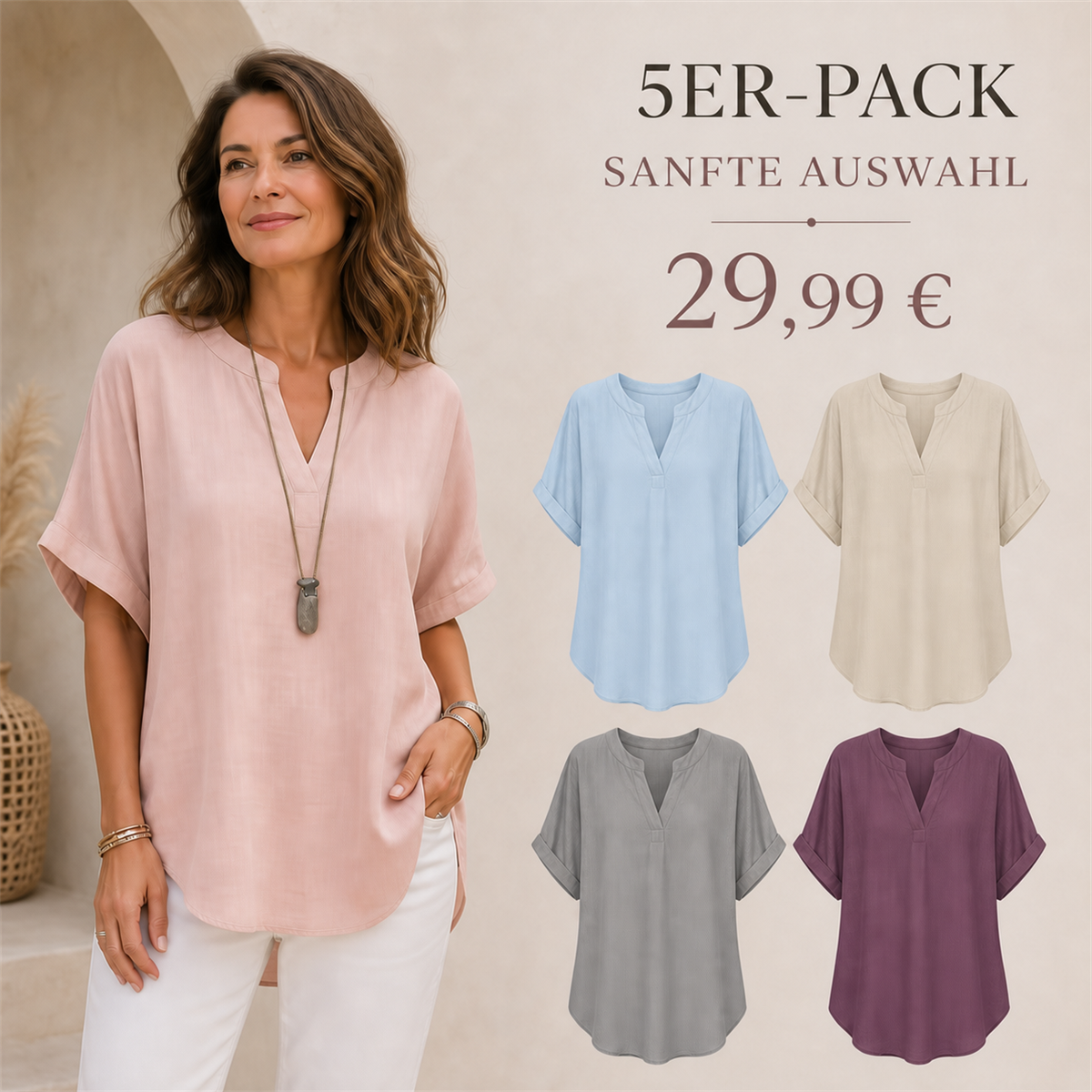 5er-Pack Damenoberteile in sanften Farben