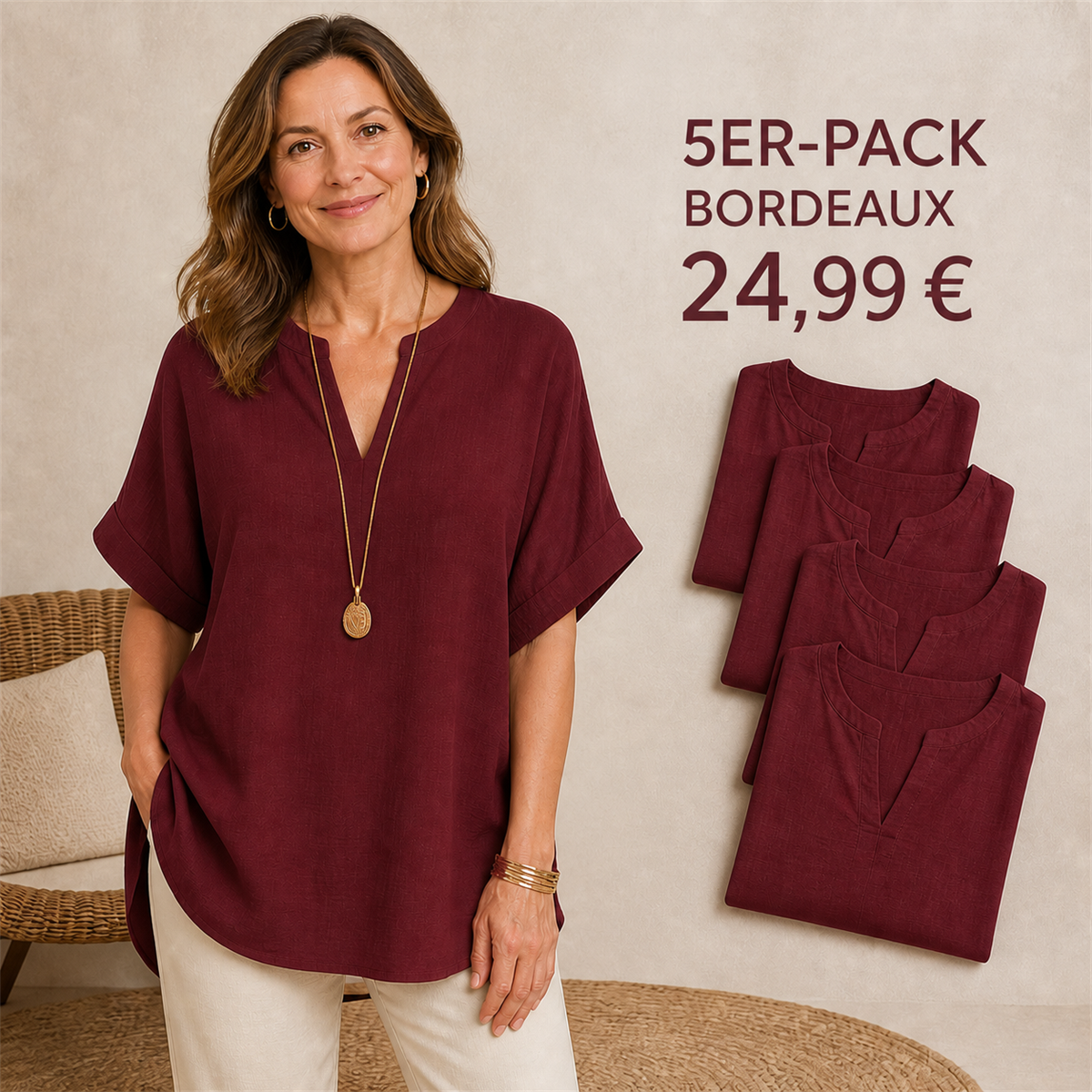 5er-Pack bordeauxrote Damenoberteile