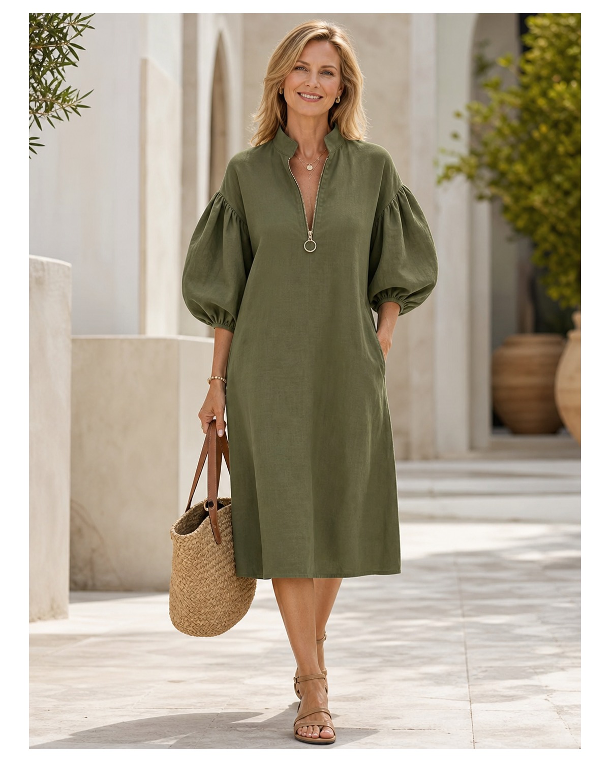 Damenkleid aus Baumwoll-Leinen mit Stehkragen und Ballonärmeln