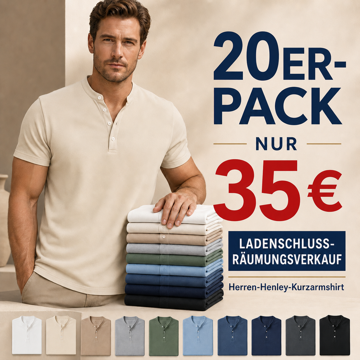 ⏰ Räumungsverkauf ⚡ 10er-Pack nur 28 € ⚡ Herren Henley Kurzarmshirts