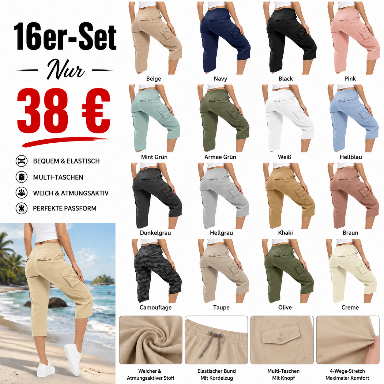 Leichte Cargo-Capri-Wanderhose für Damen