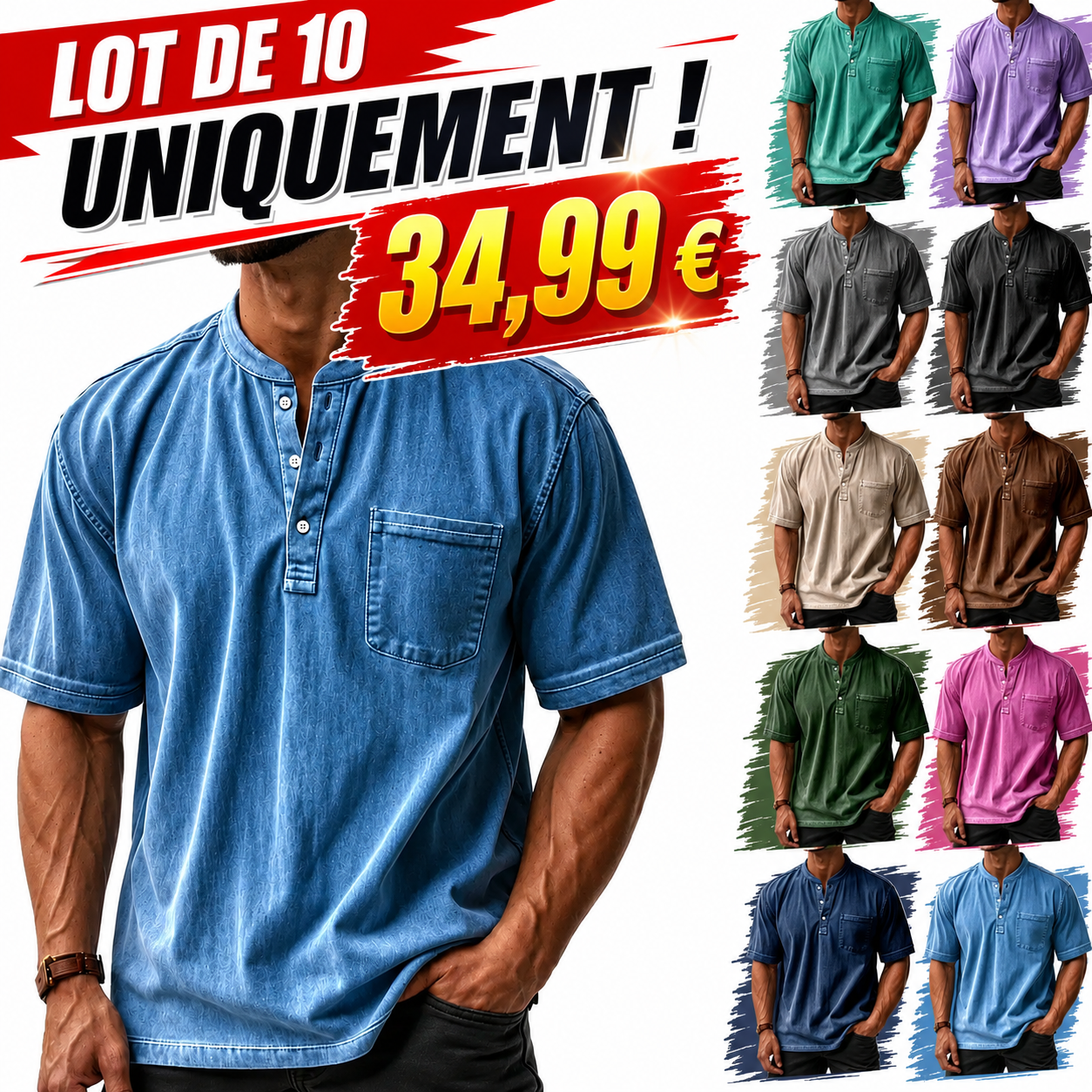 Chemise Henley décontractée à manches courtes pour homme, couleur unie, style vintage avec poche et coupe ample