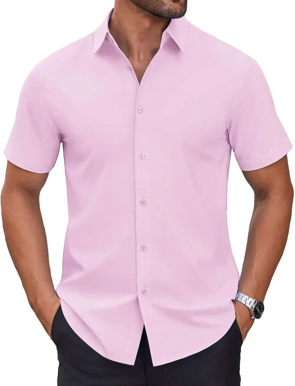Chemise habillée à manches courtes pour homme – Sans repassage, décontractée, boutonnée, idéale à porter hors du pantalon pour l’été