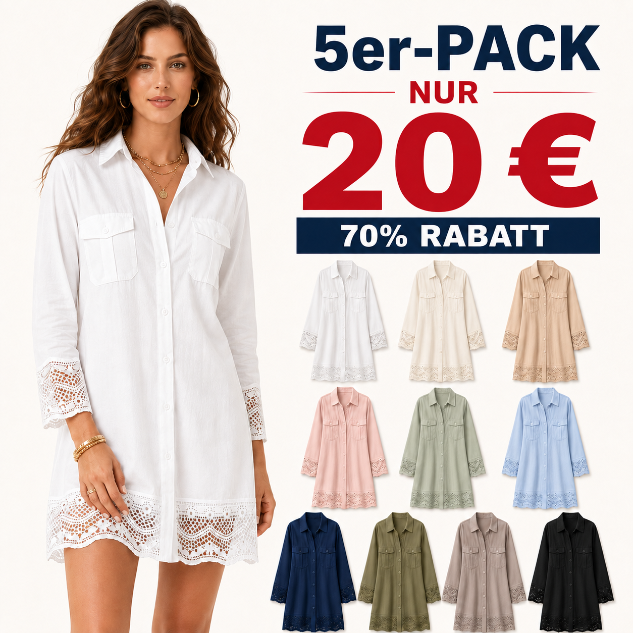 ⏰Räumungsverkauf⚡10er-Pack für 28 €⚡ Damen-Hemdkleid mit Knopfleiste und Spitzenbesatz