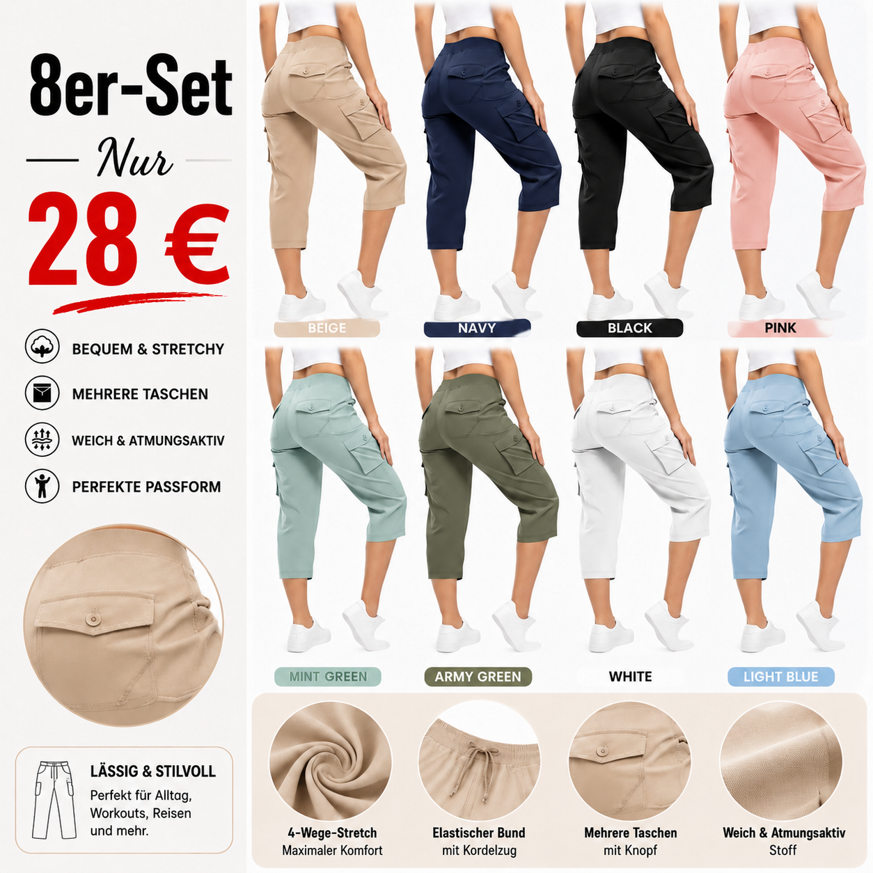 Leichte Cargo-Capri-Wanderhose für Damen