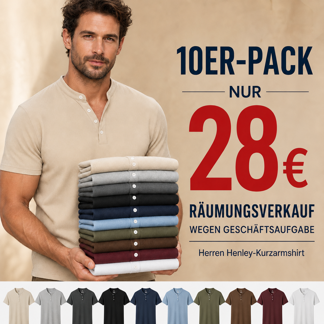 ⏰ Räumungsverkauf ⚡ 10er-Pack nur 28 € ⚡ Herren Henley Kurzarmshirts