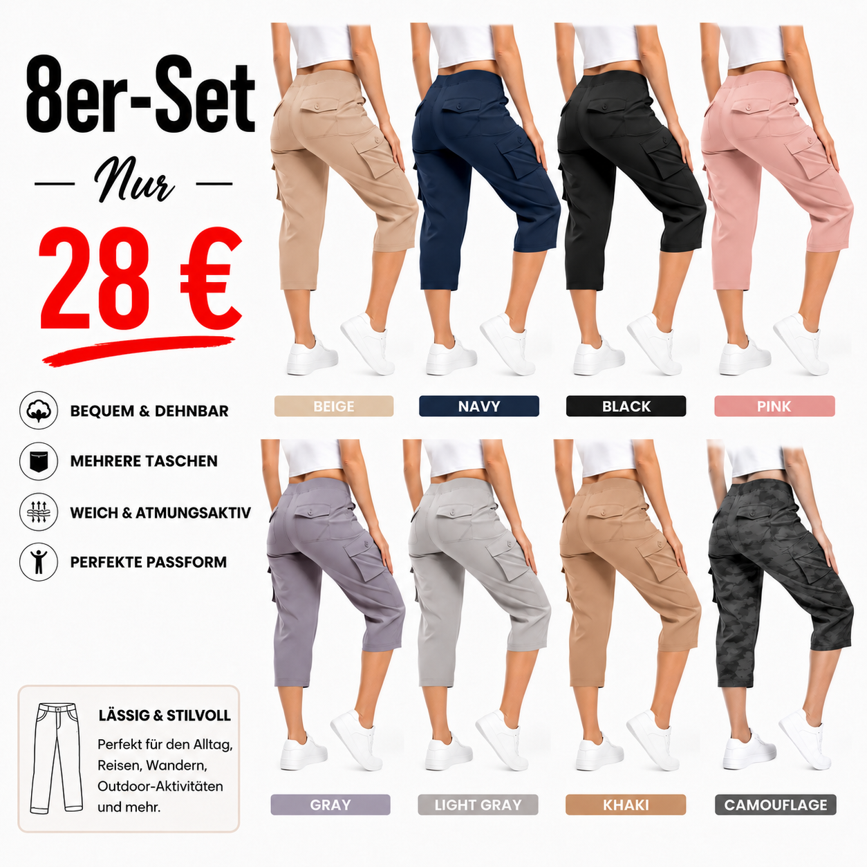 Leichte Cargo-Capri-Wanderhose für Damen