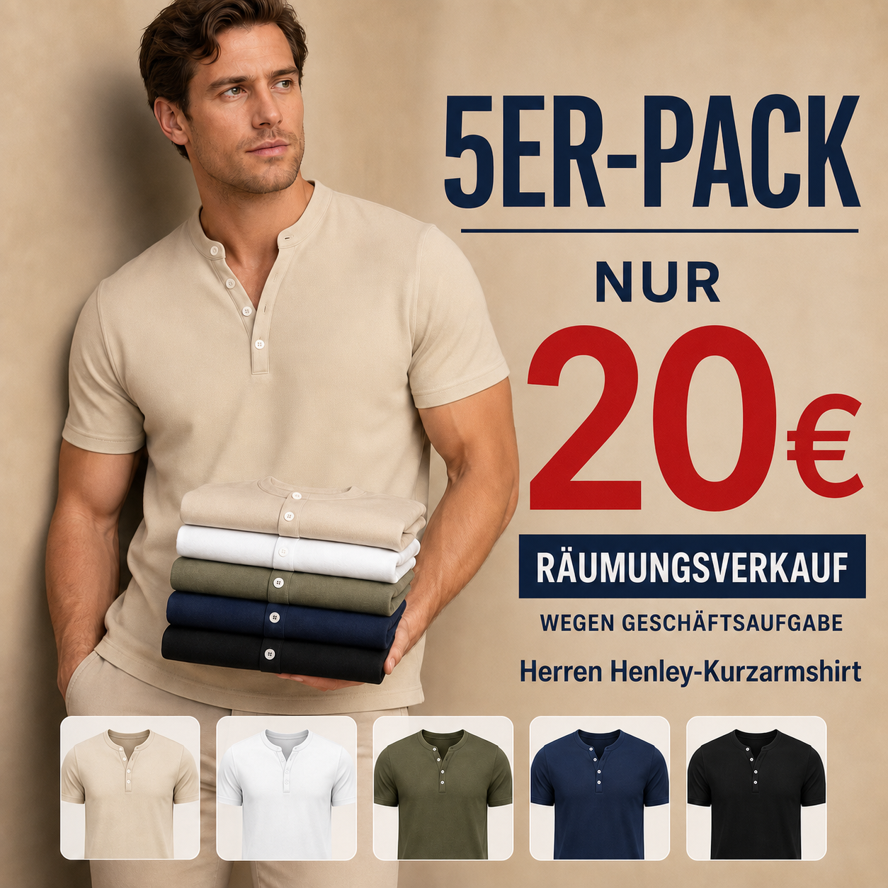 ⏰ Räumungsverkauf ⚡ 10er-Pack nur 28 € ⚡ Herren Henley Kurzarmshirts
