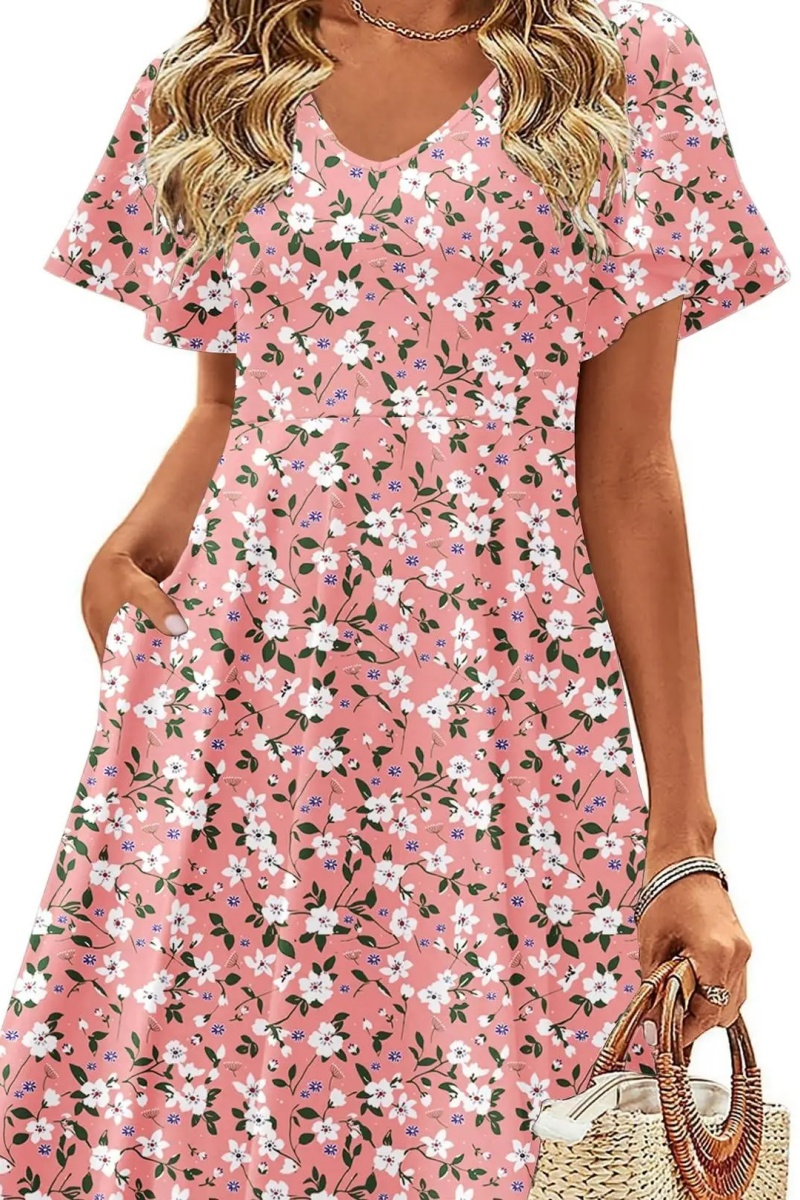 Womens Summer Dress Casual Swing Floral Ruffle Short Sleeve Sundresses Beach Mini A-Line Shift Dress