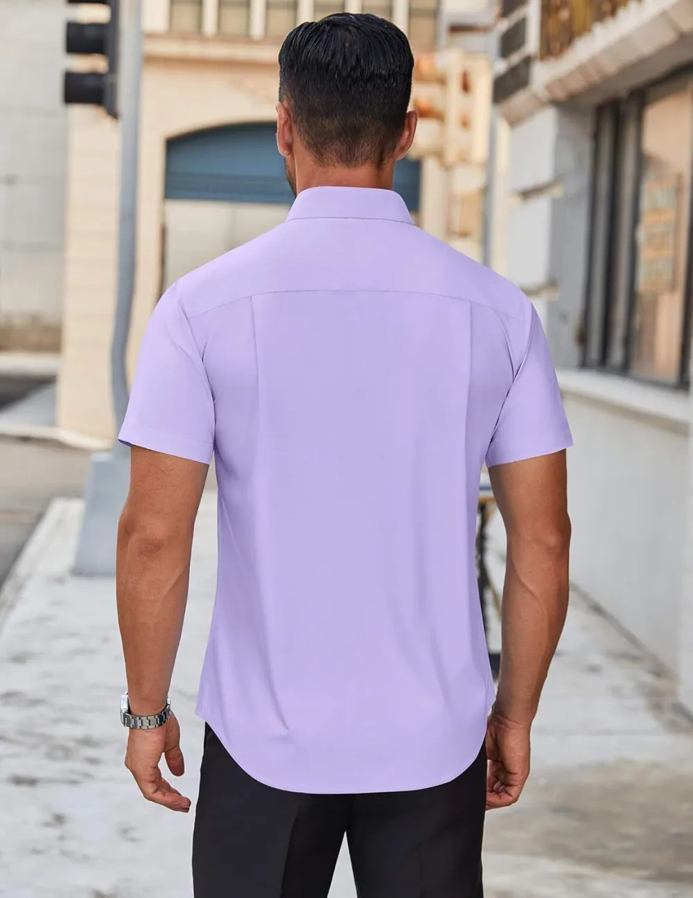 Chemise habillée à manches courtes pour homme – Sans repassage, décontractée, boutonnée, idéale à porter hors du pantalon pour l’été
