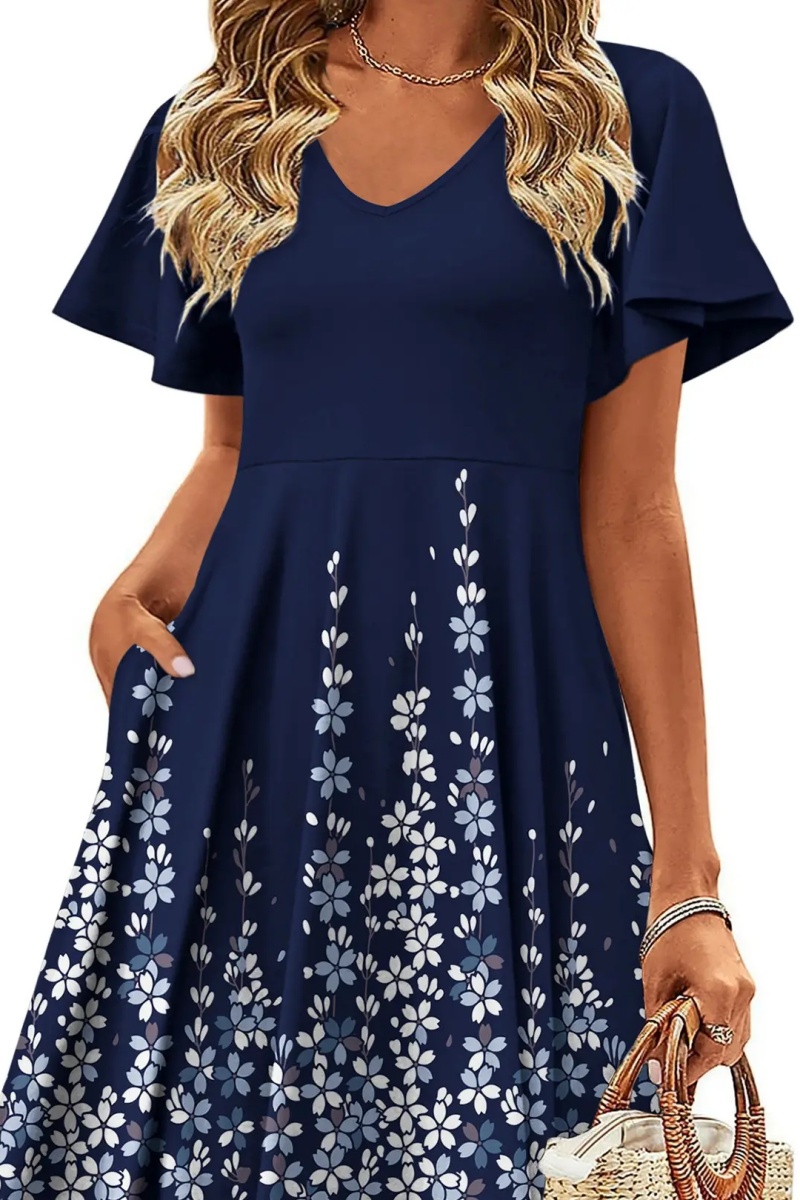 Womens Summer Dress Casual Swing Floral Ruffle Short Sleeve Sundresses Beach Mini A-Line Shift Dress