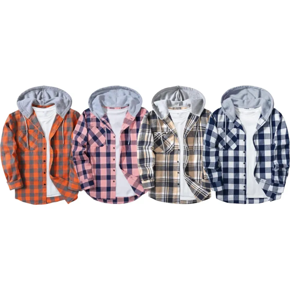 Veste à capuche homme grande taille à carreaux – Surchemise décontractée boutonnée avec poches