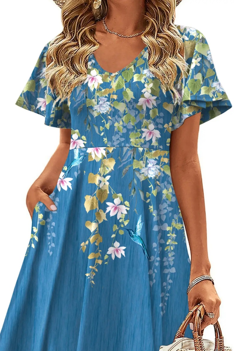 Womens Summer Dress Casual Swing Floral Ruffle Short Sleeve Sundresses Beach Mini A-Line Shift Dress