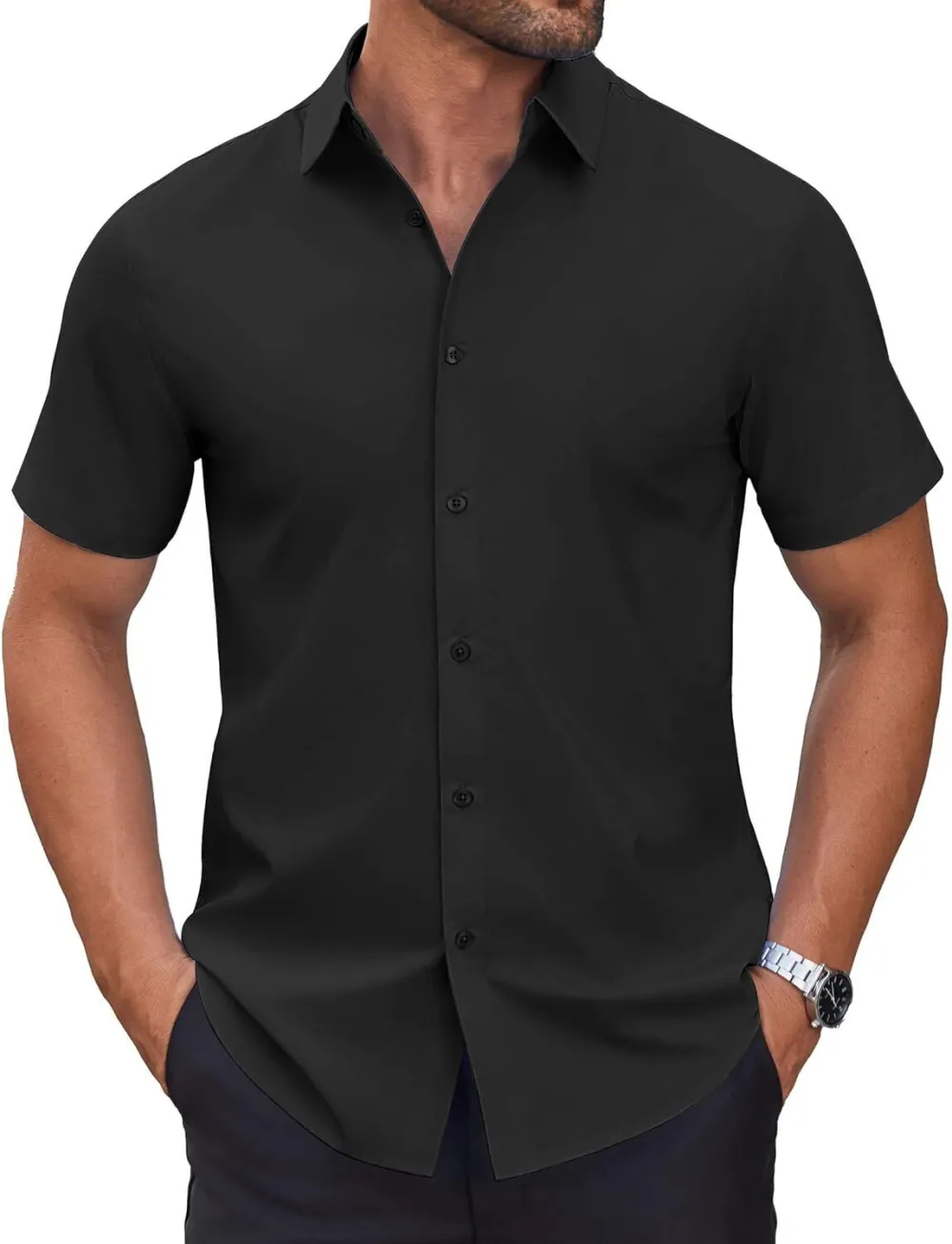 Chemise habillée à manches courtes pour homme – Sans repassage, décontractée, boutonnée, idéale à porter hors du pantalon pour l’été