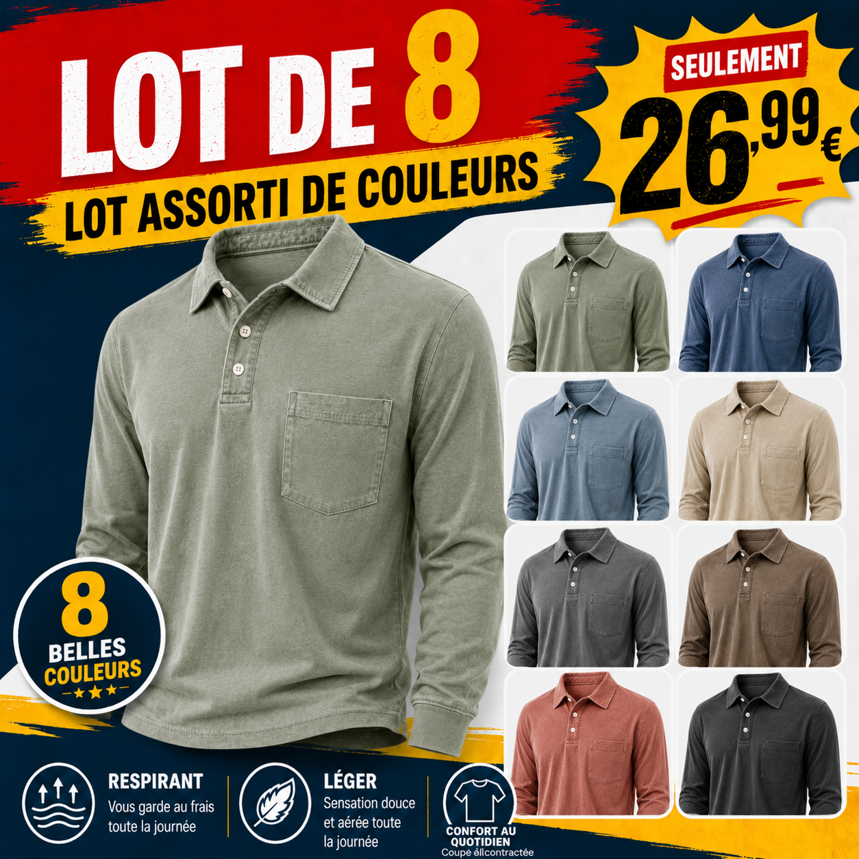 Offre limitée : Lot de 16 polos homme à 37,99 € - Coton lavé, léger, respirant et coupe décontractée à 3 boutons