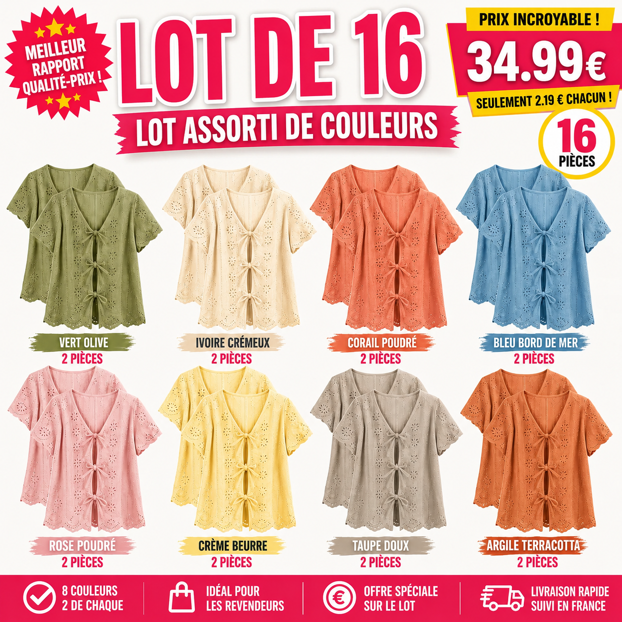 Offre Limitée – Lot de 8 Chemisiers Femme Brodés à Nouer sur le Devant Créez votre garde-robe estivale idéale