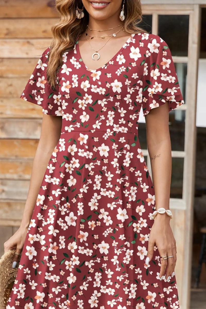 Womens Summer Dress Casual Swing Floral Ruffle Short Sleeve Sundresses Beach Mini A-Line Shift Dress