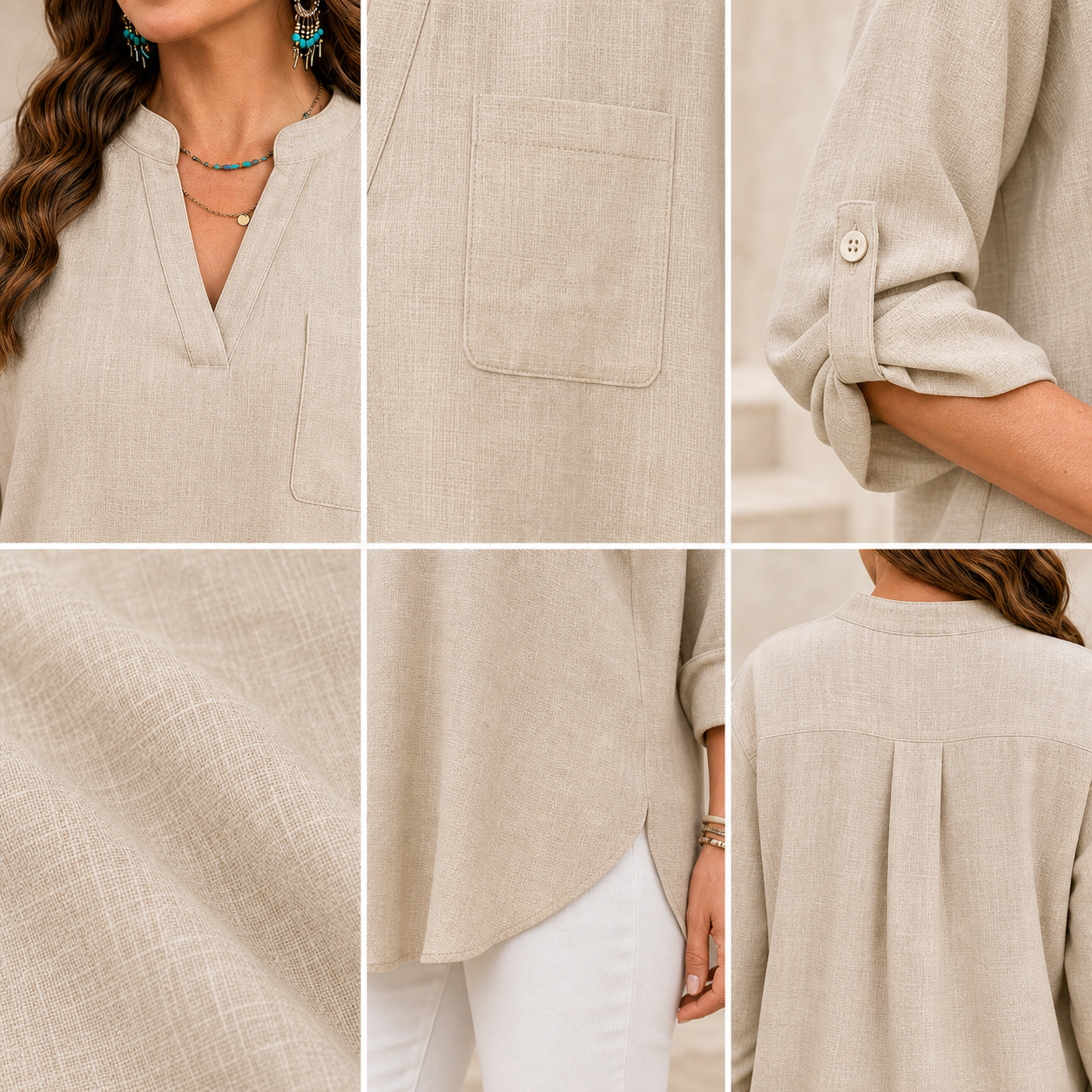 Women's linen-look split neck blouse fabric and trim details