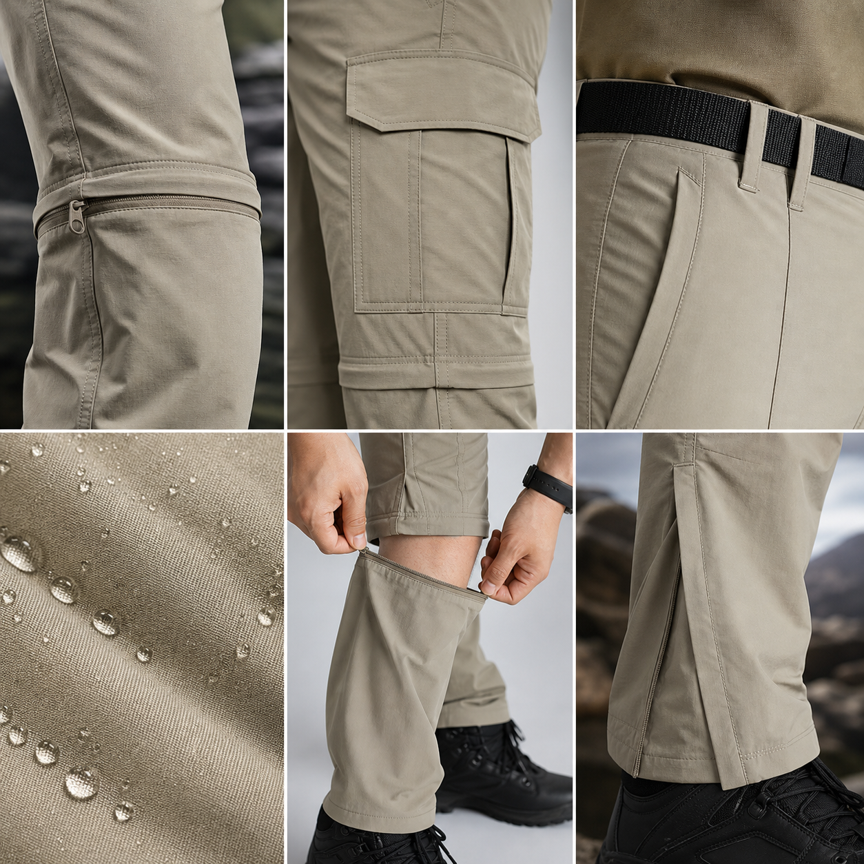 Zip off knee zipper cargo pocket quick dry detail collage