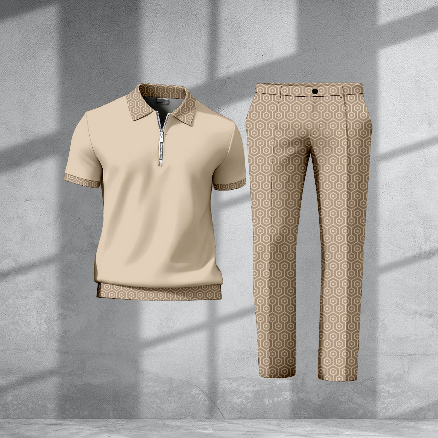 Men's Casual Retro Print Polo Collar Zipper Short-Sleeve Pants Two-Piece Set