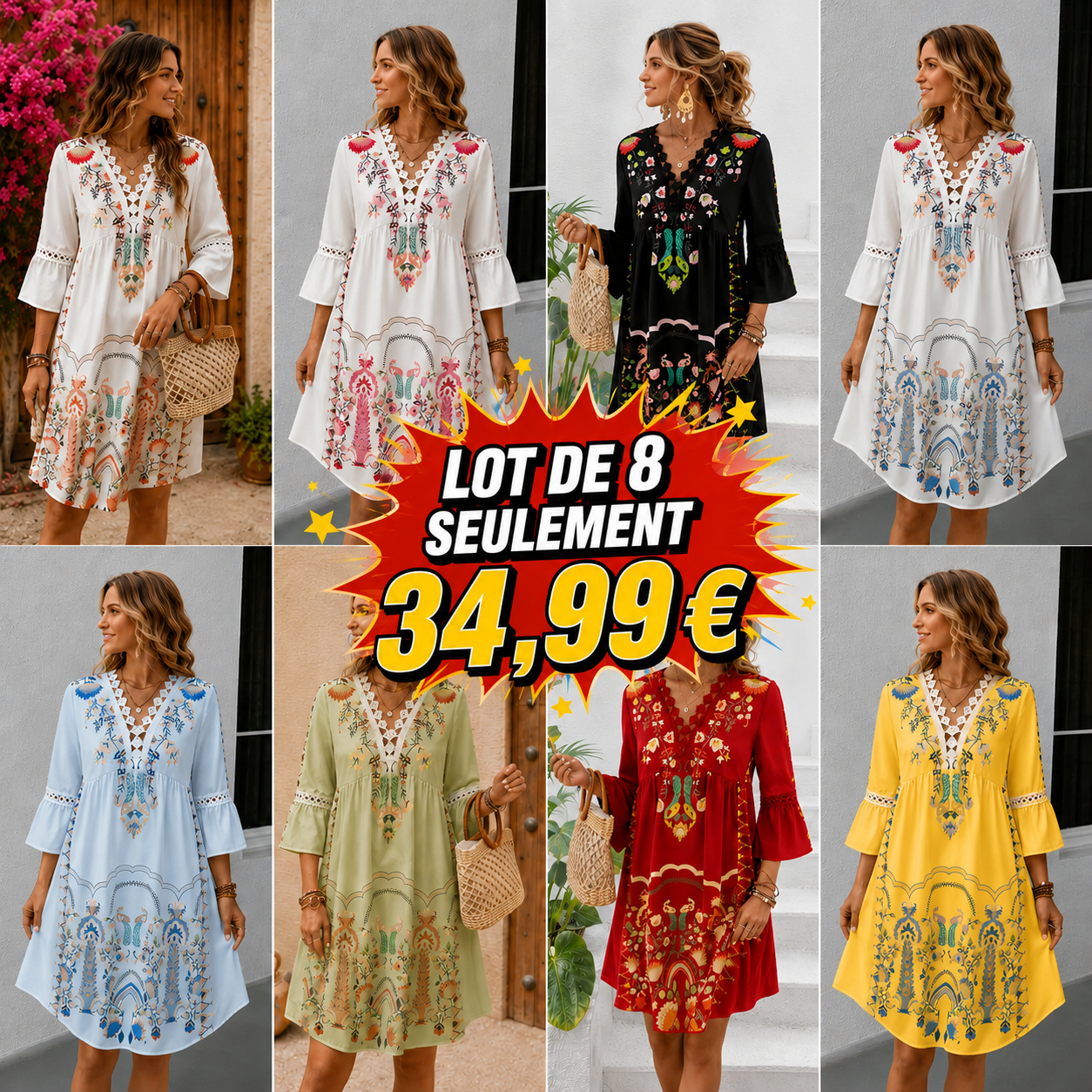 Robe imprimée à manches trois-quarts avec détails en dentelle