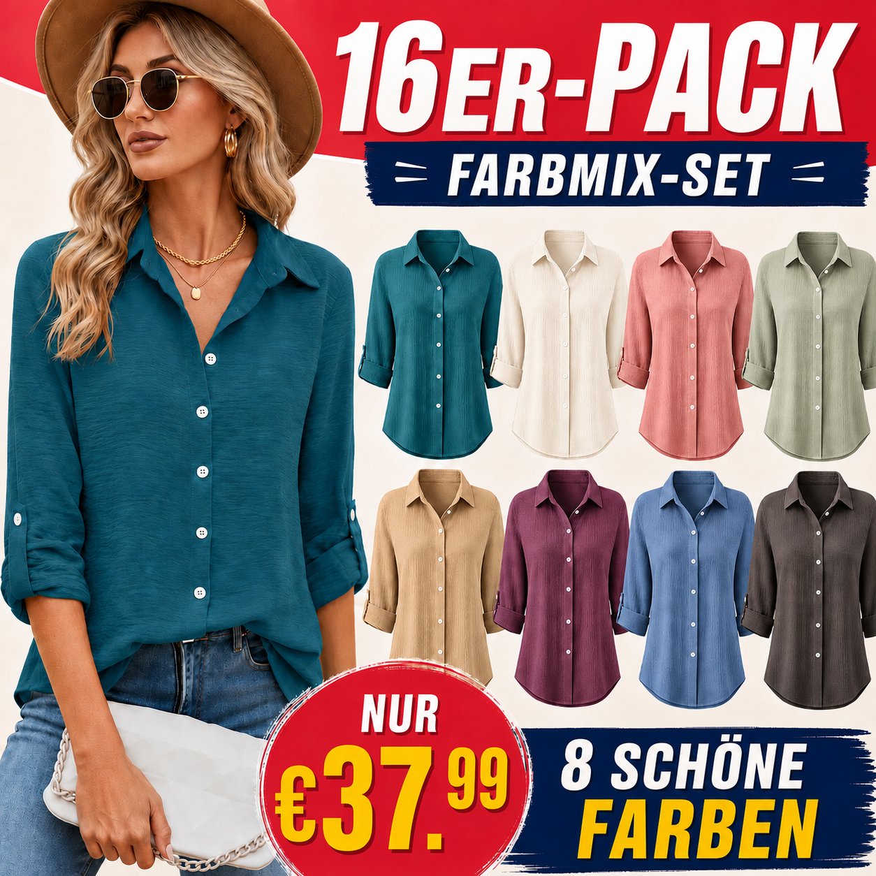 Damen Leinenblusen 8er Set – Bequem, Atmungsaktiv & Perfekt für Alltag