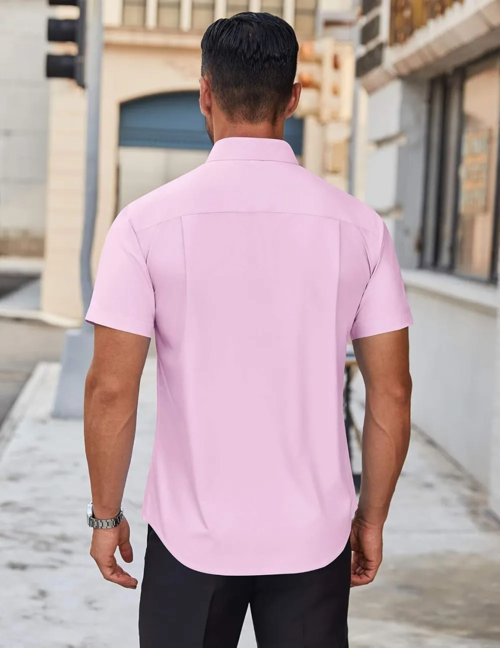Chemise habillée à manches courtes pour homme – Sans repassage, décontractée, boutonnée, idéale à porter hors du pantalon pour l’été