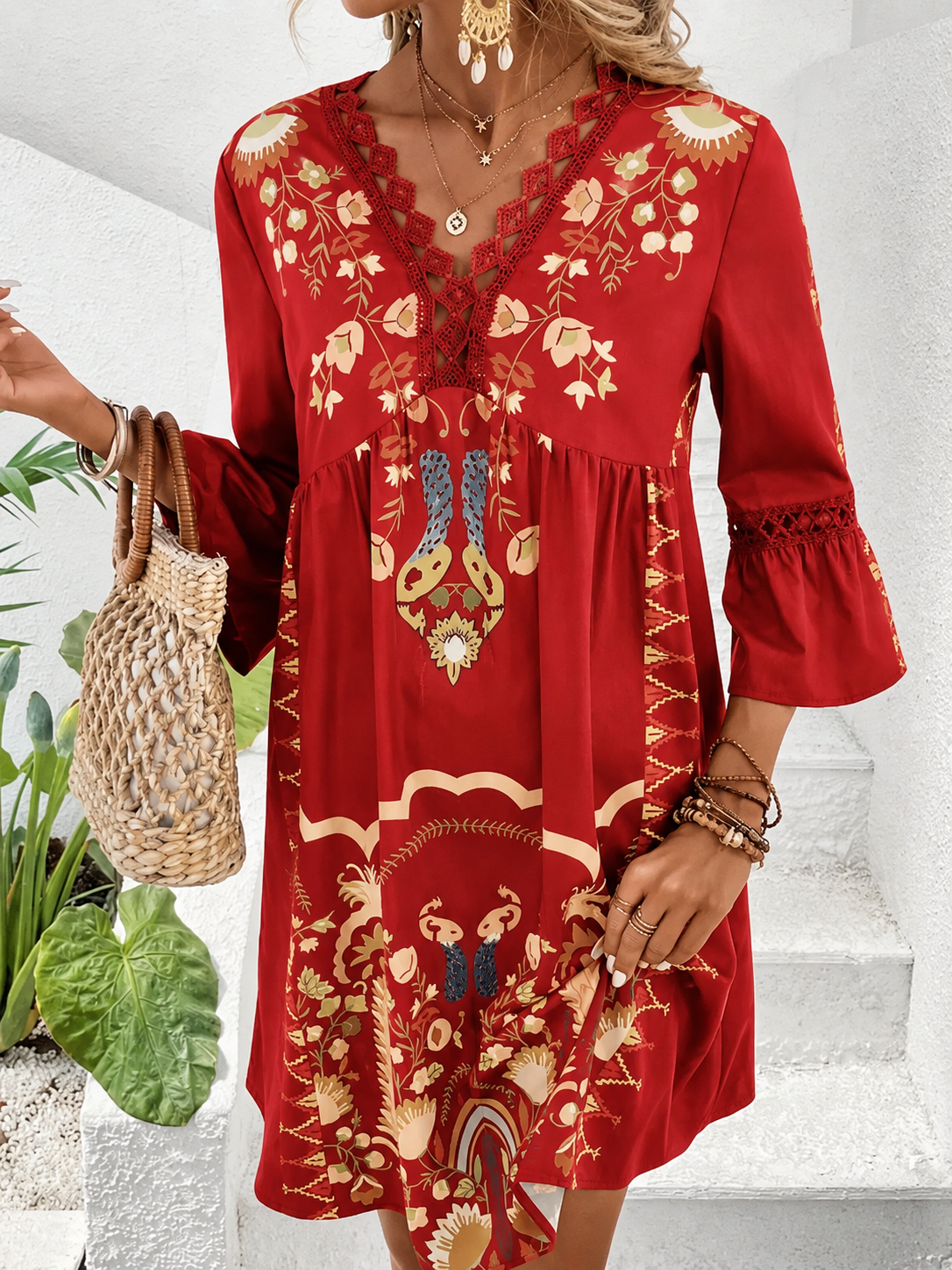Lace Detail Printed Three-Quarter Sleeve Dress