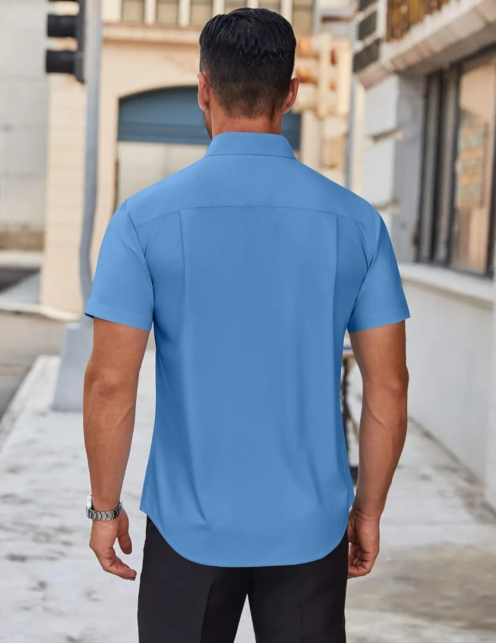 Chemise habillée à manches courtes pour homme – Sans repassage, décontractée, boutonnée, idéale à porter hors du pantalon pour l’été